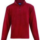 Red long-sleeve fleece pullover with a quarter-zip and stand-up collar.