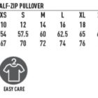 Unisex fleece pullover size chart with chest, body length, and care icons.