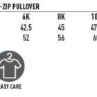 Kids’ fleece pullover size chart with icons for windproof, tough, and easy care features.