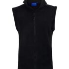 Black sleeveless zip-up fleece vest with a stand-up collar, displayed on a white background.