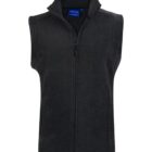 Sleeveless black fleece vest with front zipper and stand-up collar.