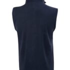 Back view of a sleeveless navy blue fleece vest with a high collar.