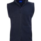 Navy blue sleeveless fleece vest with full front zipper and stand-up collar.