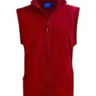 Sleeveless red fleece vest with a front zipper and stand-up collar.