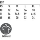 Size chart for unisex polar fleece vest with measurements and icons for features below.