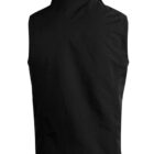 Back view of a sleeveless black vest with a high collar on a white background.