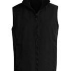 Sleeveless black zip-up vest with a high collar, displayed on a plain white background.