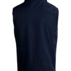 Back view of a sleeveless, dark-colored vest with a high collar.