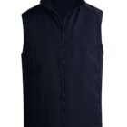 A sleeveless black zip-up vest with a high collar, shown on a white background.