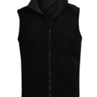 Black sleeveless zip-up vest with a high collar, displayed on a plain white background.