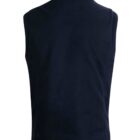 Back view of a plain, sleeveless, dark navy blue fleece vest with a high collar.