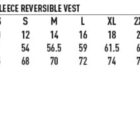 Size chart for unisex nylon/polar fleece vest with half chest and body length measurements.