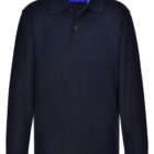 Long-sleeve, dark navy blue polo shirt with a collar and two buttons.