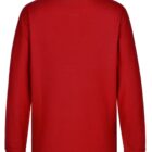 Back view of a long-sleeved, plain red polo shirt against a white background.
