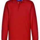 A plain long-sleeve red polo shirt with a collar and button placket.
