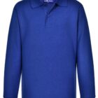 A long-sleeve, royal blue polo shirt with a collar and buttons.