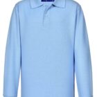 Light blue, long-sleeve polo shirt with a collar and three buttons on the front placket.