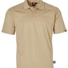 Beige short-sleeve polo shirt with a collar and three buttons on the front.