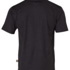 Back view of a plain black short-sleeve polo shirt on a white background.