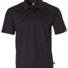 Black short-sleeve polo shirt with a collar and buttons, displayed on a white background.