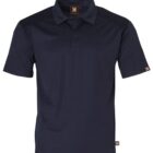 Navy blue short-sleeve polo shirt with a collar and three buttons.