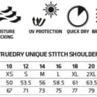 Sizing chart for Truedry polo with fabric features and measurements for various sizes.