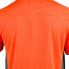 Back view of an orange shirt with dark grey collar and sleeve edges.