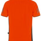 Bright orange short-sleeve polo shirt with dark accents and reflective stripes on sleeves, back view.