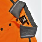 Orange collared shirt with gray collar and buttons, photographed on a white background.
