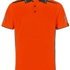 Bright orange short-sleeve polo shirt with black accents and reflective strips on shoulders.