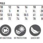 Polo shirt size chart with measurements and icons for fabric features like UV protection and breathability.