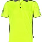 Bright yellow polo shirt with black buttons and gray accents on the collar, shoulders, and sleeves.