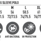 Mens mesh long sleeve polo size chart with fabric features and icons displayed.