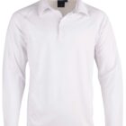 White long-sleeve polo shirt with a collar, displayed on a plain background.