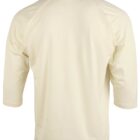 Back view of a plain, cream-colored, long-sleeve shirt with a collar.