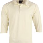 Cream-colored, three-quarter sleeve polo shirt with a collar and button placket.