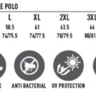 Mens mesh polo size chart with features: anti-bacterial, UV, quick dry, breathable, easy care.