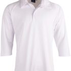White long-sleeve polo shirt with a collar and three-quarter sleeves on a plain background.