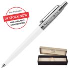 White Parker pen with Bendigo Bank logo, gift box, and In Stock Now label shown.