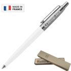 White retractable pen with Bendigo Bank logo, gift box, and Made in France label.