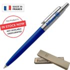 Blue and silver Allianz-branded pen with gift box, Made in France and In Stock Now labels.