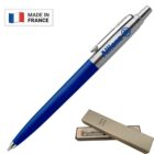 Blue and silver Allianz pen with a box and a Made in France label featuring a French flag.