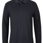 Black long-sleeve polo shirt with a collar and three buttons on the placket.