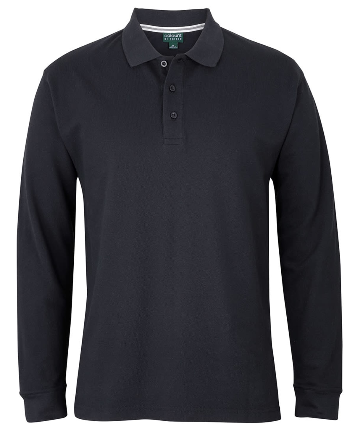 Black long-sleeve polo shirt with a collar and three buttons on the placket.