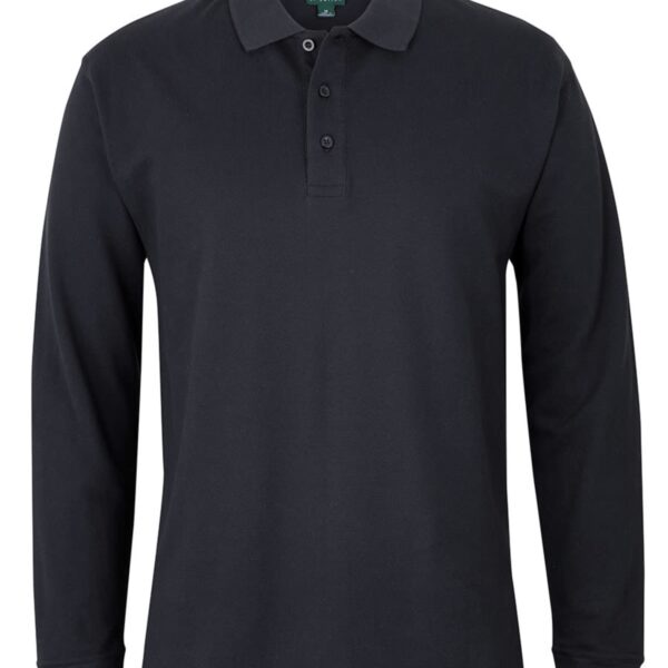 Black long-sleeve polo shirt with a collar and three buttons, displayed on a white background.