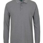 Gray long-sleeve polo shirt with collar and three buttons, displayed on a plain background.