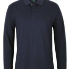 Long-sleeve navy blue collared polo shirt with buttons down the front.