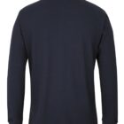 Back view of a plain, long-sleeve, dark navy blue polo shirt.