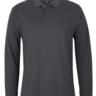 Long-sleeve, dark gray polo shirt with a collar and three buttons.