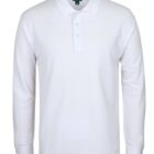 A plain white long-sleeve polo shirt with a collar and three buttons.